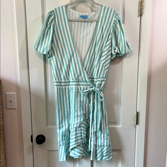 NWT Draper James Teal and White Puff Sleeve True Wrap Linen Mini Dress - Size XL - Picture 2 of 16